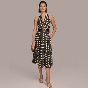 🔥 $149 Donna Karan NY Women's Printed Belted A-Line Dress Sz 6 Black Canvas 🔥